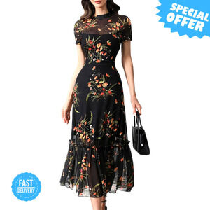 BRAND NEW GothDark Floral Ruffle Dress - Summer Casual Maxi